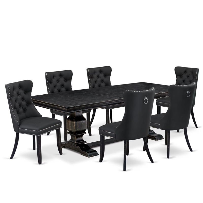 Pemberly Row 7-Piece Dining Set with Black Finish and Gray Faux Leather