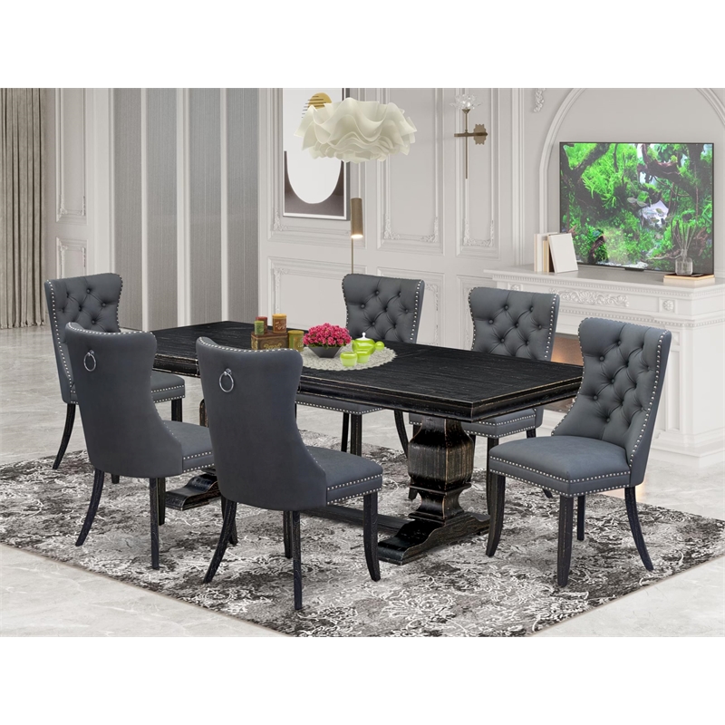 Pemberly Row 7-Piece Dining Set with Black Finish and Platinum Faux Leather
