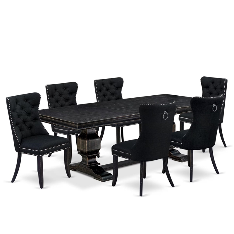 Pemberly Row 7-Piece Dining Table Set with Black Linen Upholstery