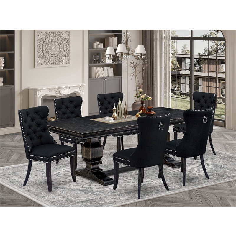Pemberly Row 7-Piece Dining Table Set with Black Linen Upholstery