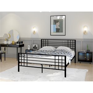 Pemberly Row Metal Queen Bed Frame with Headboard in Black Finish