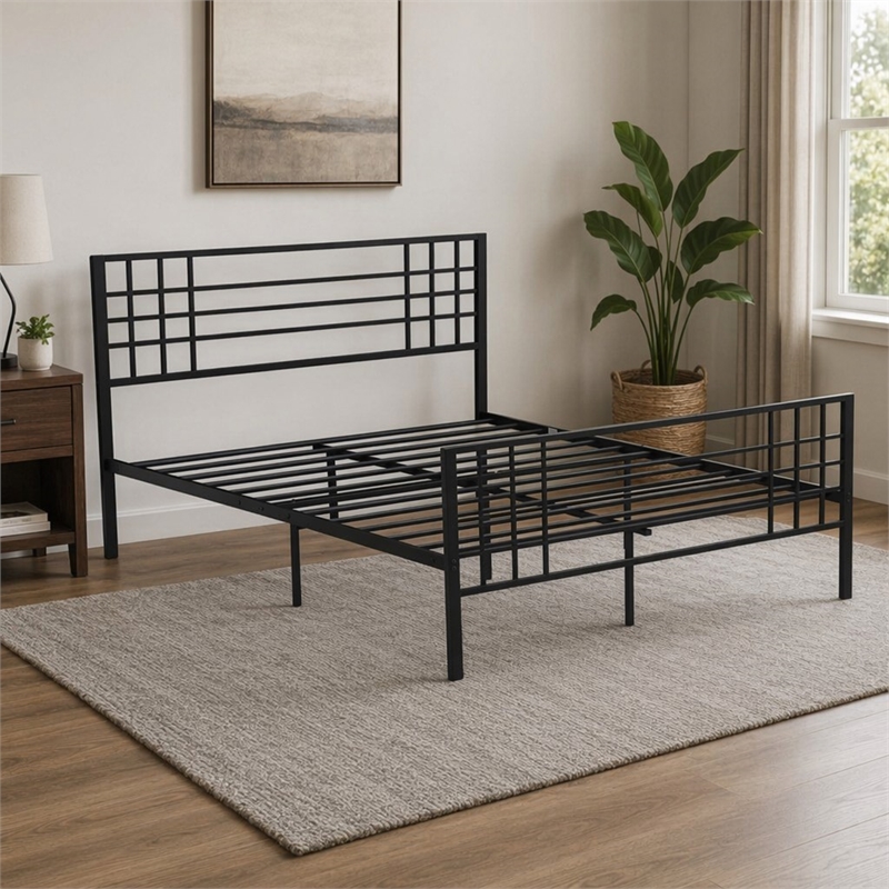 Pemberly Row Metal Queen Bed Frame with Headboard in Black Finish