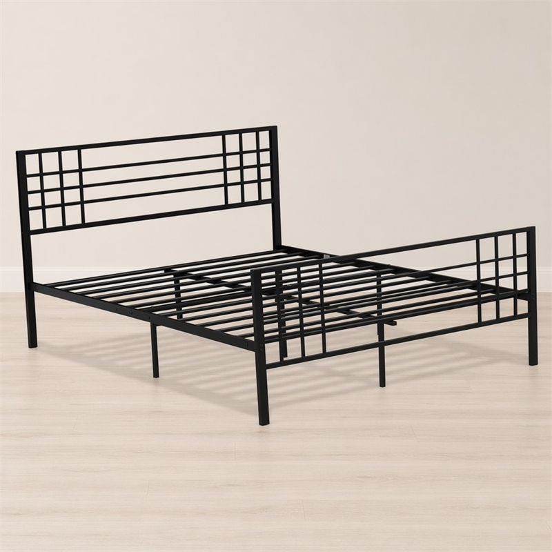 Pemberly Row Metal Queen Bed Frame with Headboard in Black Finish
