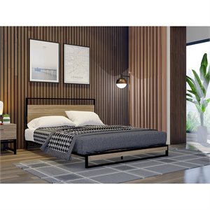 Pemberly Row Metal Queen Bed Frame with Wooden Slats in Black Finish