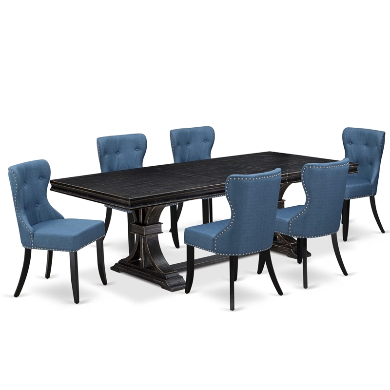 Pemberly Row 7-Pc Dining Table Set with Acacia Wood in Black Finish