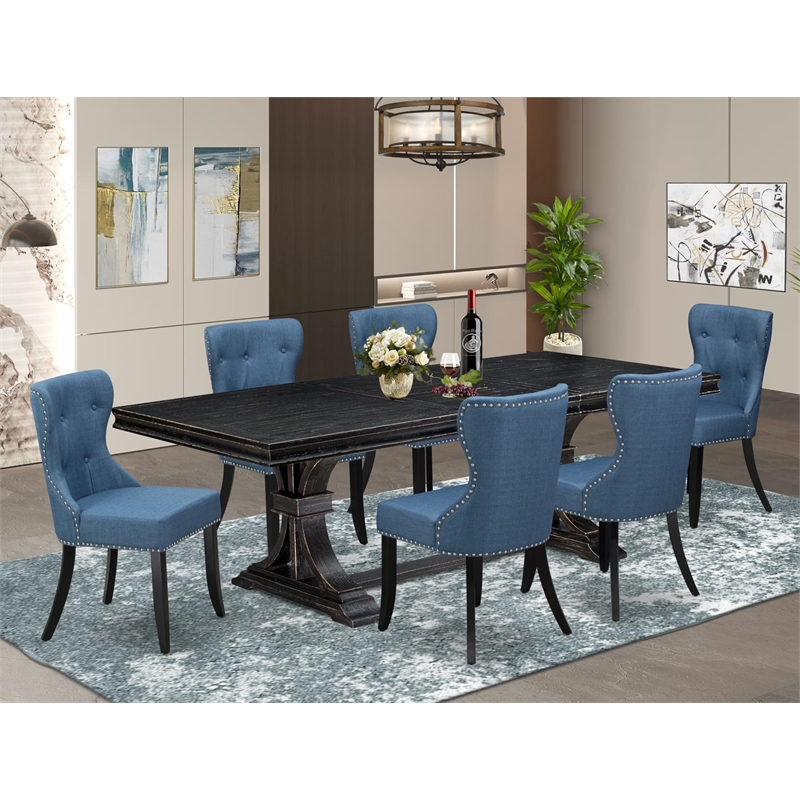 Pemberly Row 7-Pc Dining Table Set with Acacia Wood in Black Finish