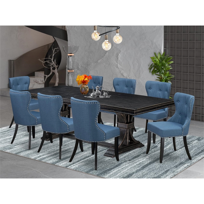 Pemberly Row 9-Piece Mid Century Modern Dining Set in Black Wood Finish