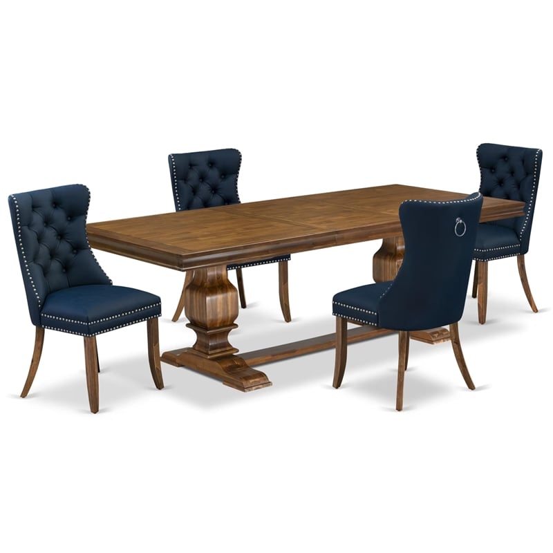 Pemberly Row 5-Piece Modern Dining Set in Walnut with Navy Blue Upholstery