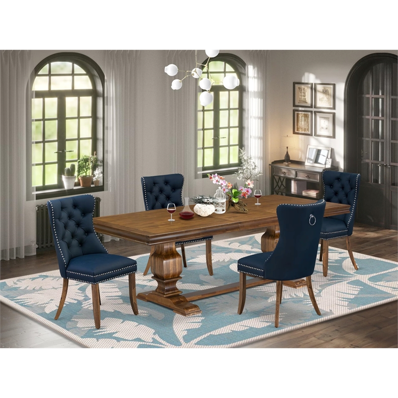 Pemberly Row 5-Piece Modern Dining Set in Walnut with Navy Blue Upholstery