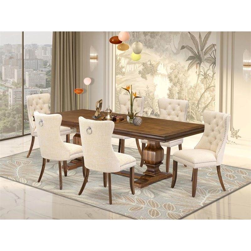 Pemberly Row 7-Piece Dining Set with Antique Walnut Finish and Linen Chairs