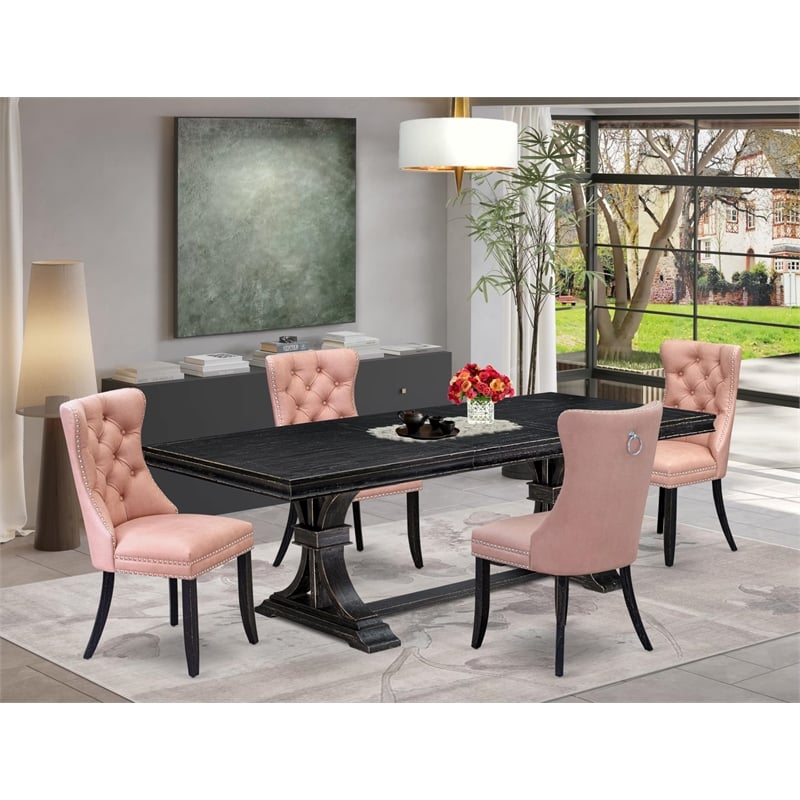 Pemberly Row 5-Piece Dining Set with Black Table and Beige Red Chairs