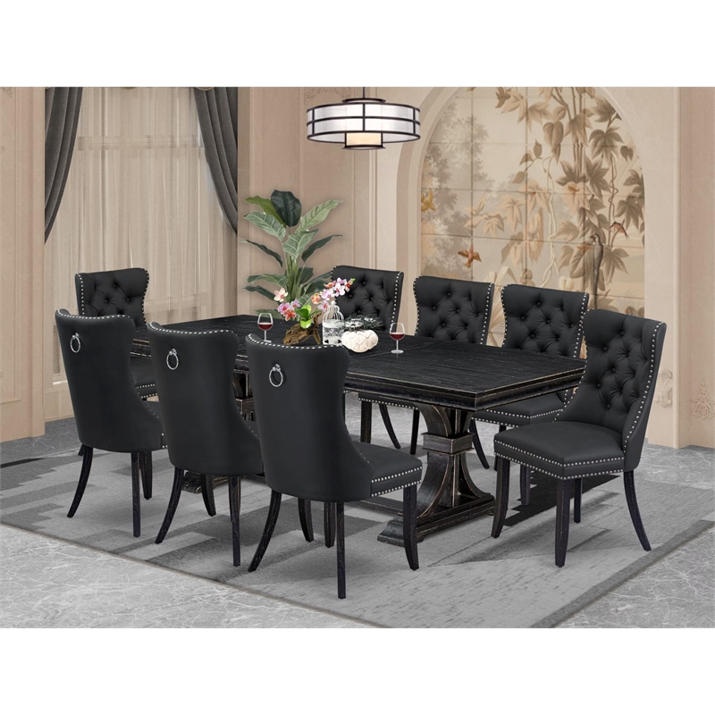 Pemberly Row 9-Piece Black Dining Set with Faux Leather and Acacia Wood