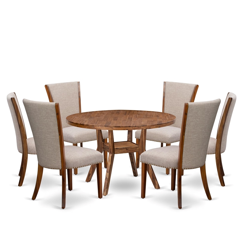 Pemberly Row 7-Piece Round Dining Set in Walnut Wood with Upholstered Chairs