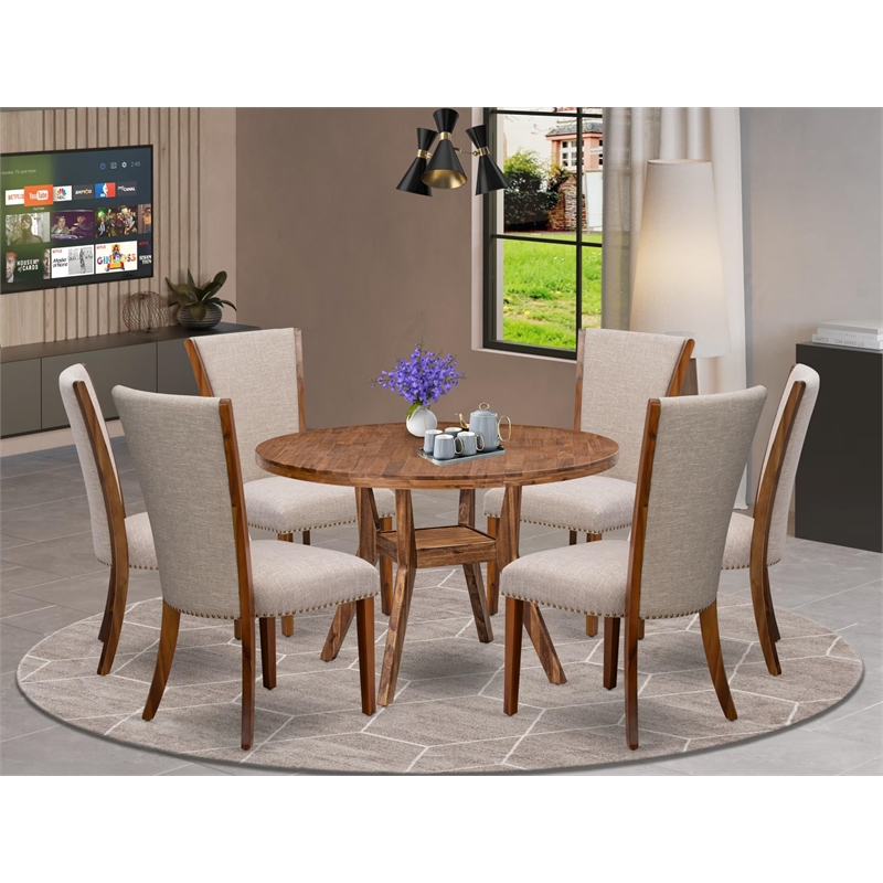 Pemberly Row 7-Piece Round Dining Set in Walnut Wood with Upholstered Chairs