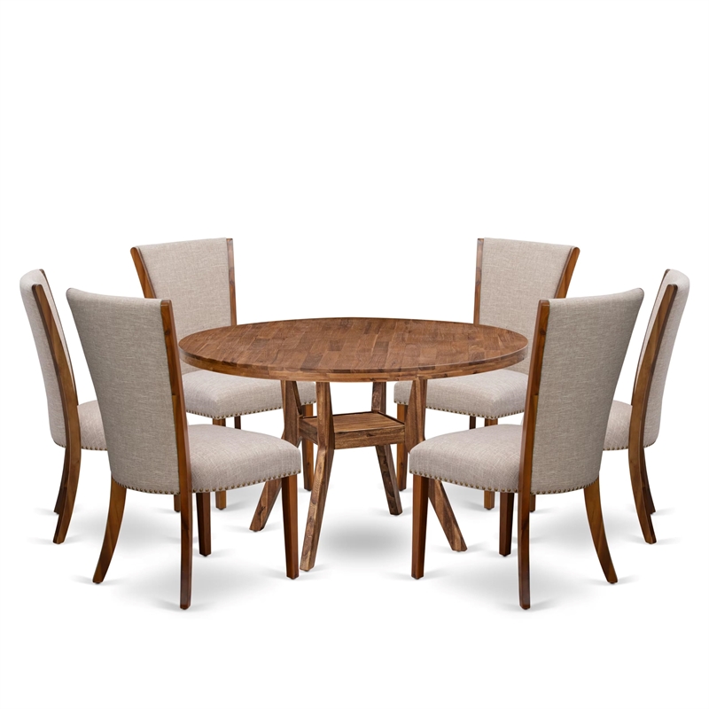 Pemberly Row 7-Piece Round Pedestal Dining Set in Walnut Finish with Tan Chairs