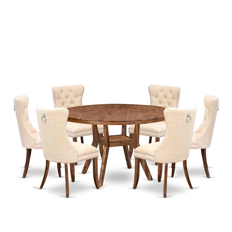 Pemberly Row 7-Piece Walnut Wood Kitchen Table Set with Beige Linen Chairs