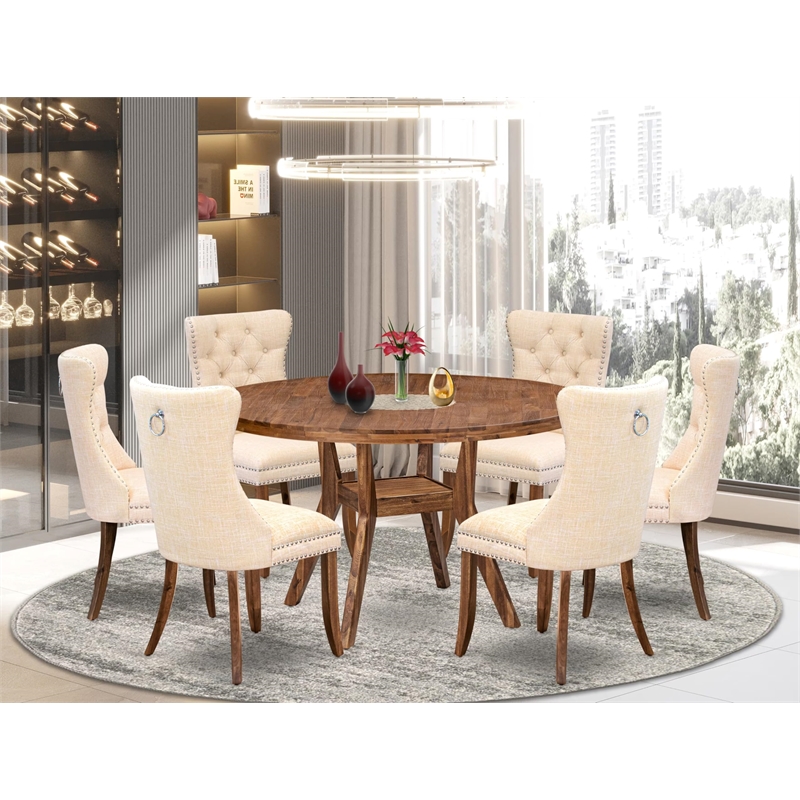 Pemberly Row 7-Piece Walnut Wood Kitchen Table Set with Beige Linen Chairs