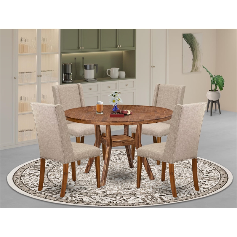 Pemberly Row 5-Piece Round Walnut Dining Set with Linen Chairs