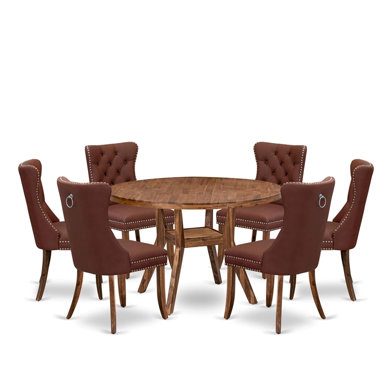 Pemberly Row 7-Piece Dining Table Set in Walnut Finish with Faux Leather Chairs