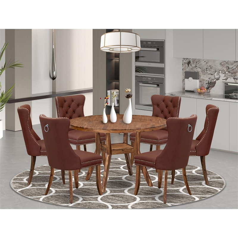 Pemberly Row 7-Piece Dining Table Set in Walnut Finish with Faux Leather Chairs