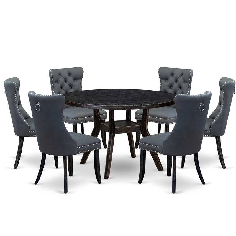 Pemberly Row 7-Piece Round Dining Table Set in Black Acacia Wood Finish