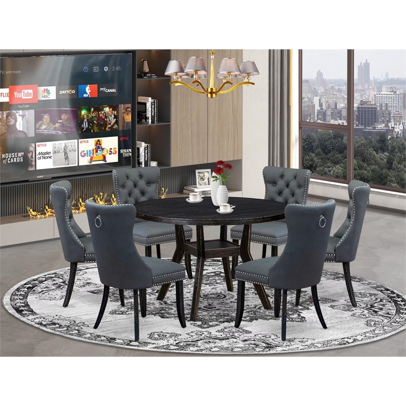 Pemberly Row 7-Piece Round Dining Table Set in Black Acacia Wood Finish