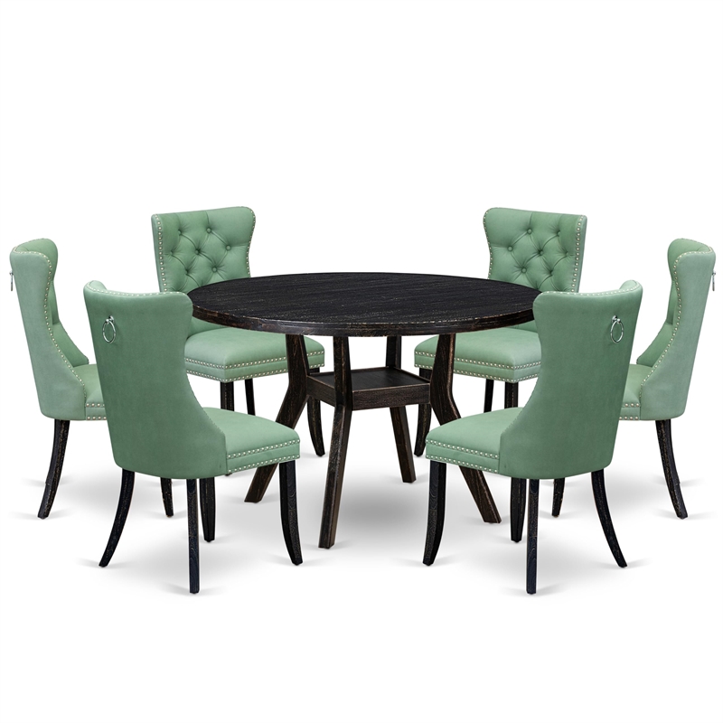 Pemberly Row 7-Piece Round Pedestal Kitchen Set in Black Rubberwood