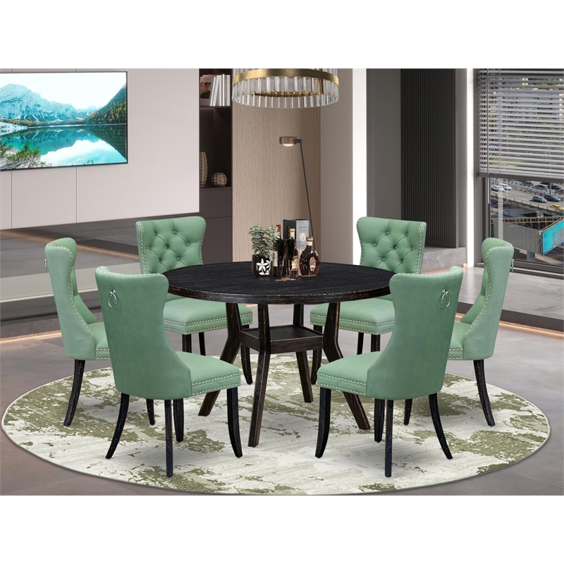 Pemberly Row 7-Piece Round Pedestal Kitchen Set in Black Rubberwood
