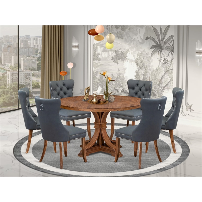 Pemberly Row 7-Piece Round Dining Table Set in Walnut Finish