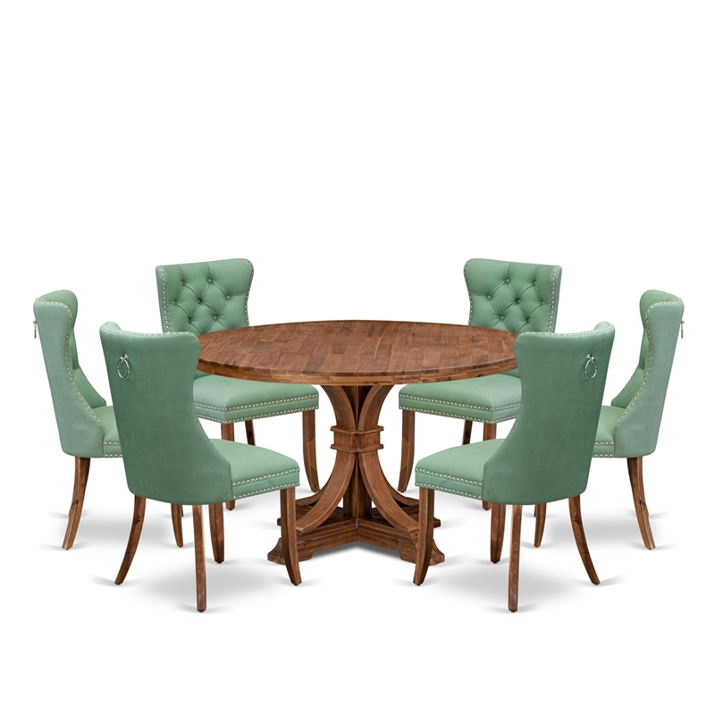 Pemberly Row 7-Piece Dining Set with Walnut Table & Green Faux Leather Chairs