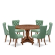 Pemberly Row 7-Piece Dining Set with Walnut Table & Green Faux Leather Chairs
