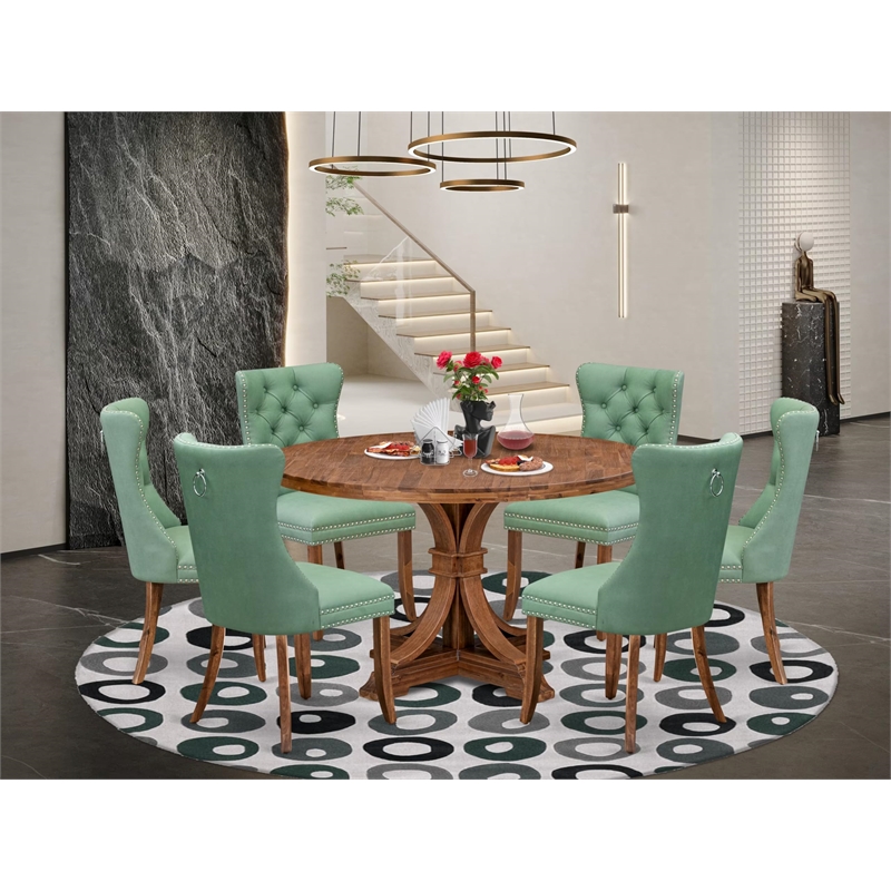 Pemberly Row 7-Piece Dining Set with Walnut Table & Green Faux Leather Chairs