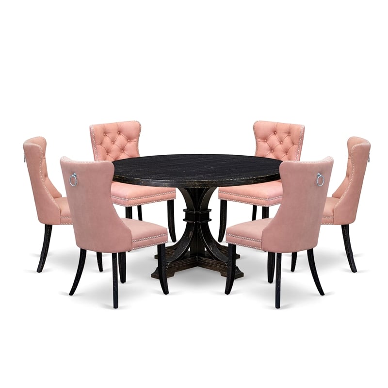 Pemberly Row 7-Piece Round Dining Table Set with Wood in Black Finish