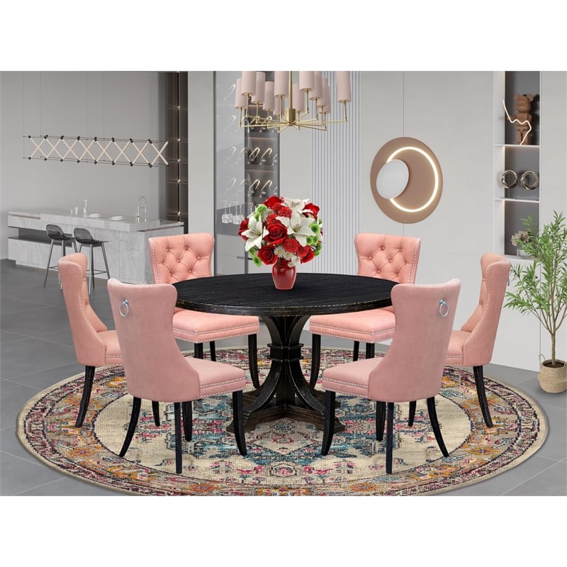 Pemberly Row 7-Piece Round Dining Table Set with Wood in Black Finish