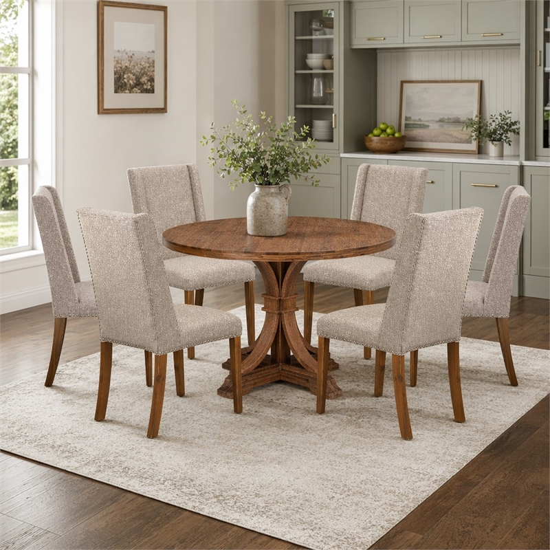 Pemberly Row 7-Piece Dining Table Set with Linen Chairs in Walnut Finish
