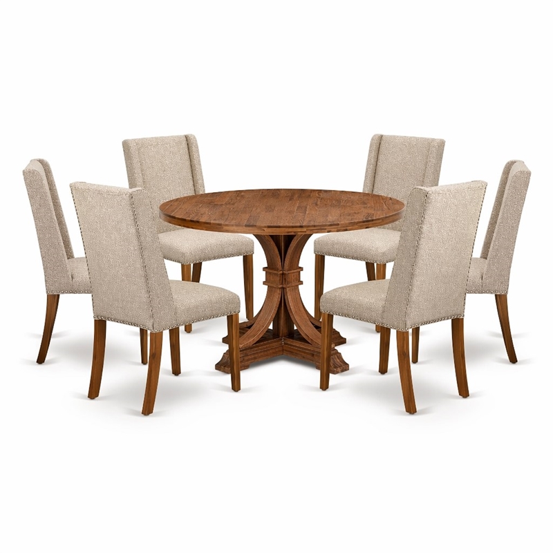 Pemberly Row 7-Piece Dining Table Set with Linen Chairs in Walnut Finish