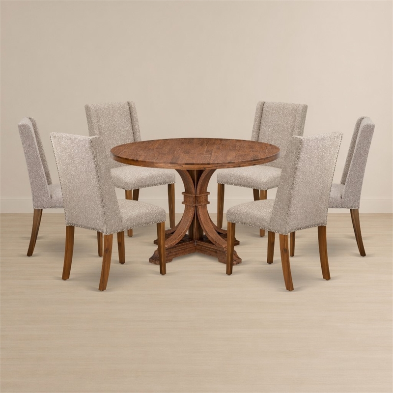 Pemberly Row 7-Piece Dining Table Set with Linen Chairs in Walnut Finish