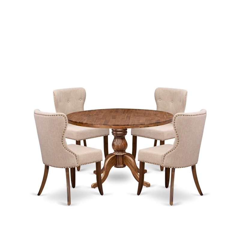 Pemberly Row 5-Piece Round Dining Set with Walnut Finish and Upholstered Chairs
