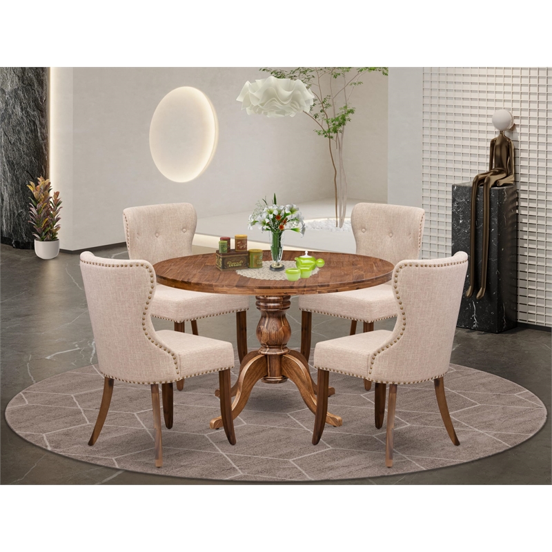 Pemberly Row 5-Piece Round Dining Set with Walnut Finish and Upholstered Chairs
