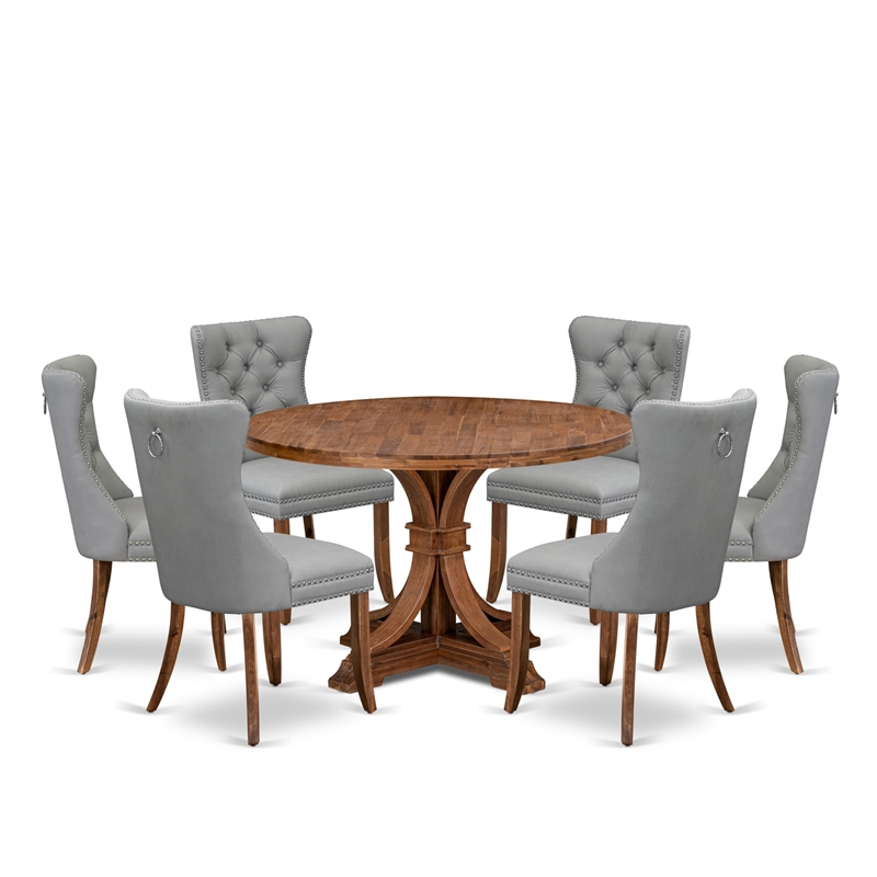 Pemberly Row 7-Piece Dining Set in Walnut Wood with Light Gray Chairs