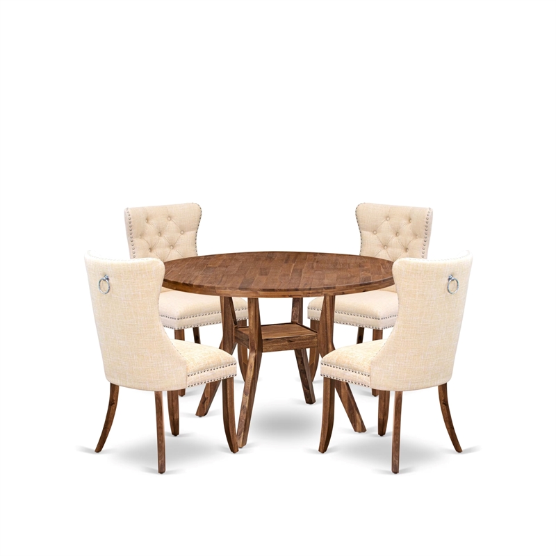 Pemberly Row 5-Piece Dining Set Rubber Wood in Walnut w/ Linen Upholstery