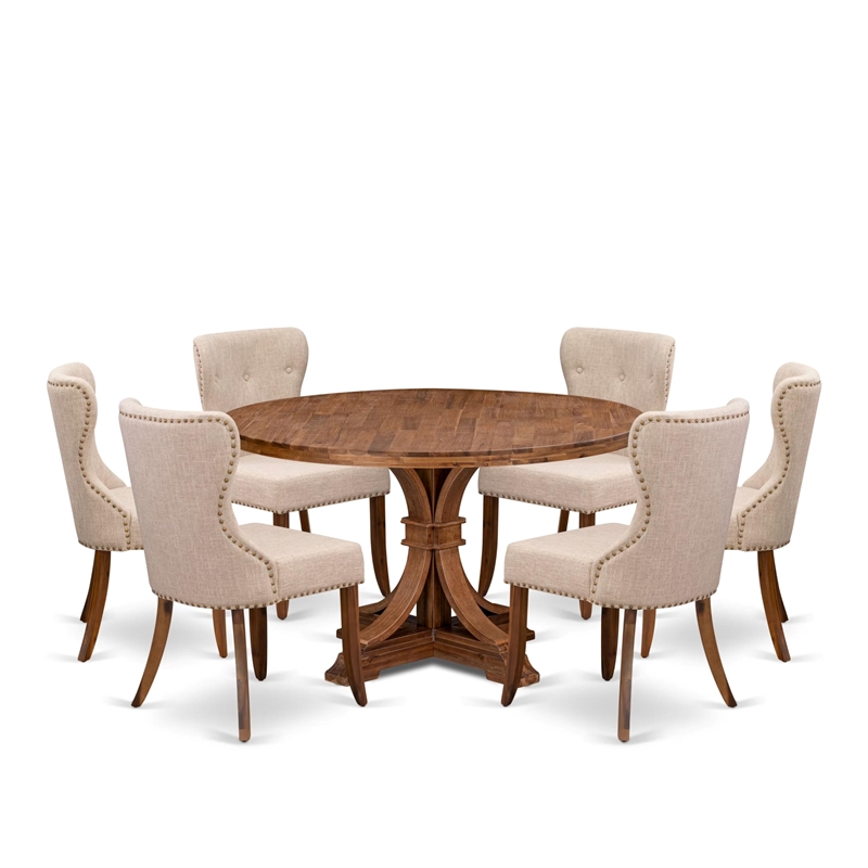 Pemberly Row Mid-Century 7-Piece Walnut Wood Table with Linen Chairs