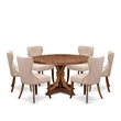 Pemberly Row Mid-Century 7-Piece Walnut Wood Table with Linen Chairs