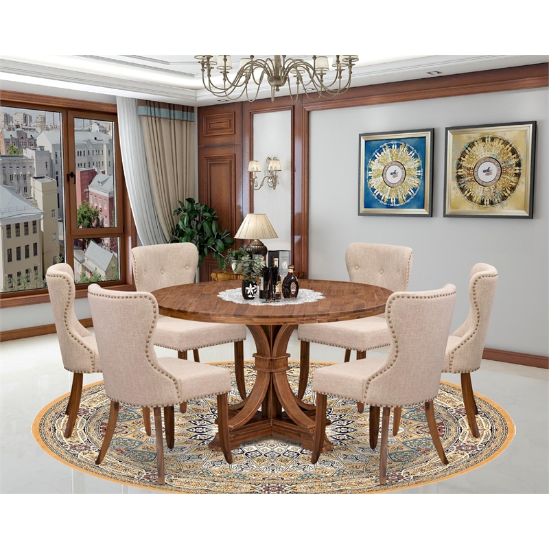 Pemberly Row Mid-Century 7-Piece Walnut Wood Table with Linen Chairs