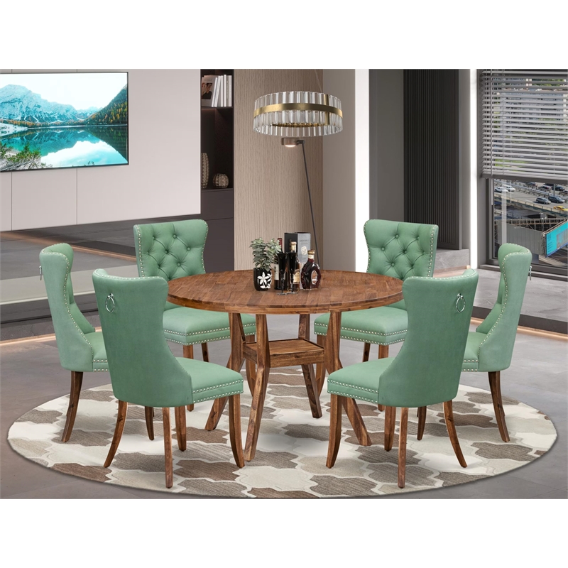 Pemberly Row 7-Piece Mid-Century Dining Set in Walnut with Faux Leather