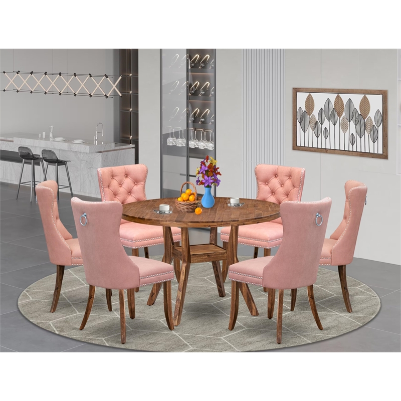 Pemberly Row 7-Piece Dining Table Set in Walnut with Faux Leather Chairs