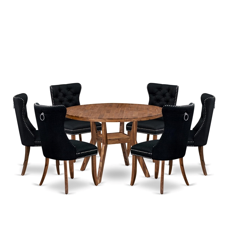 Pemberly Row 7-Piece Kitchen Table Set in Walnut with Linen Fabric Chairs