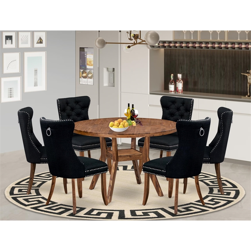 Pemberly Row 7-Piece Kitchen Table Set in Walnut with Linen Fabric Chairs