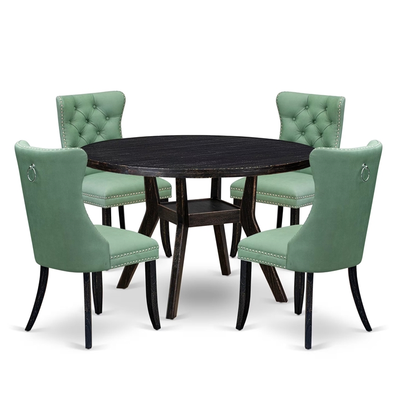 Pemberly Row 5-Piece Round Dining Set in Black Finish with Faux Leather