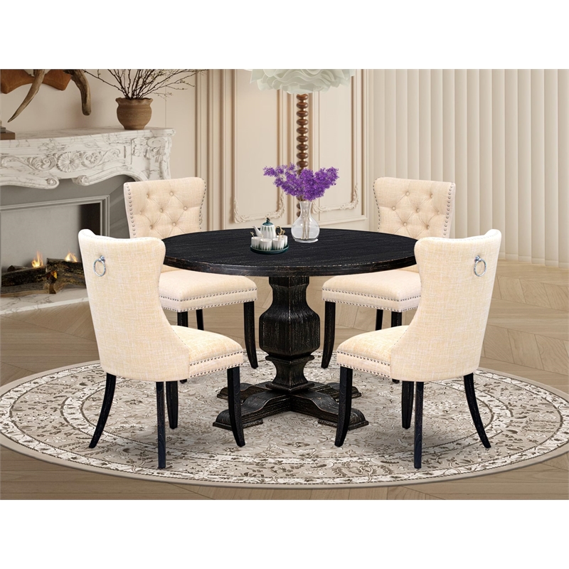 Pemberly Row 5-Piece Round Kitchen Table Set Wood Black Finish Linen